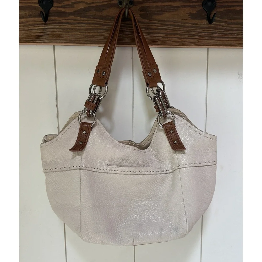 The Sak Cream Leather Shoulder Bag Purse Brown Leather Accents Boho Hobo Bag